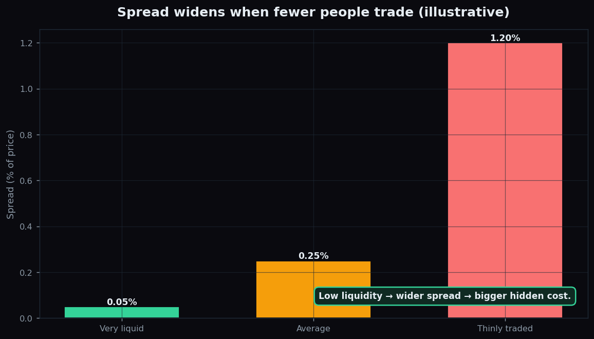 Bar chart showing the spread as a percentage of price widening from a very liquid stock to a thinly traded one