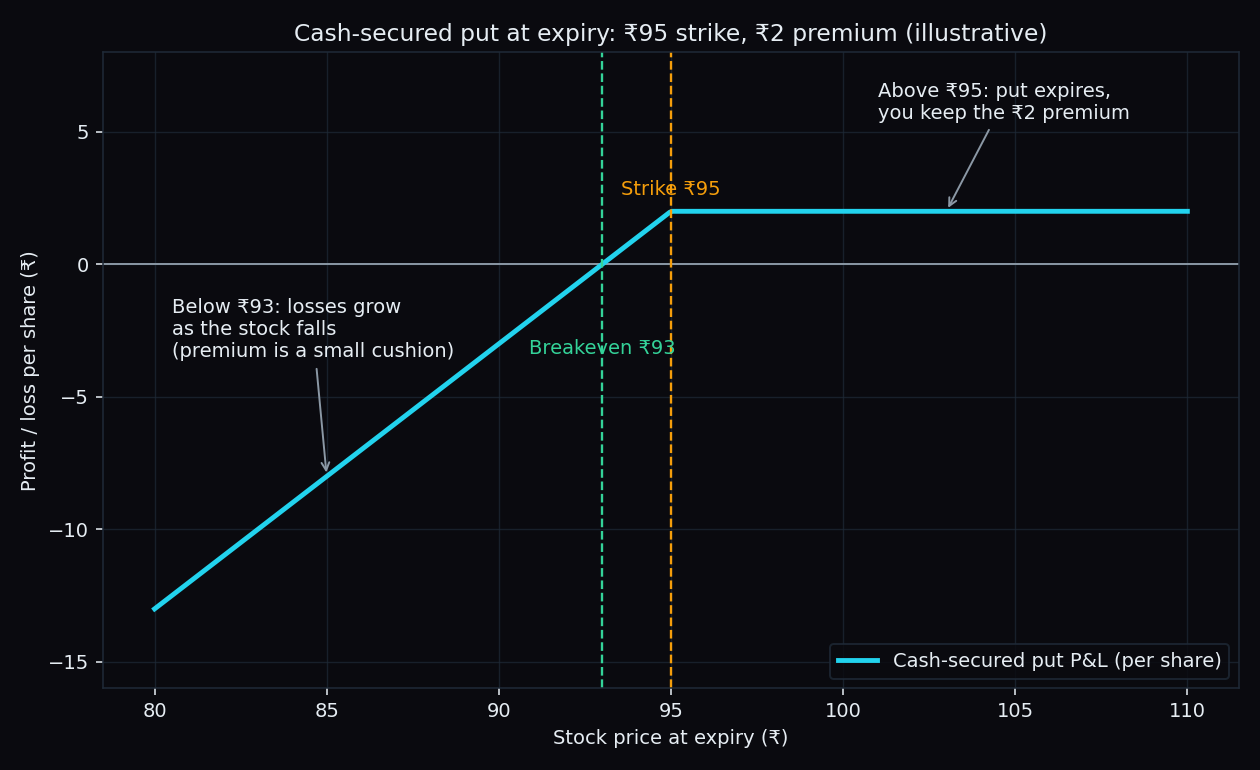 Payoff diagram of a cash-secured put at expiry with a 95 rupee strike and 2 rupee premium, showing the premium kept above the strike and growing losses below the 93 rupee breakeven