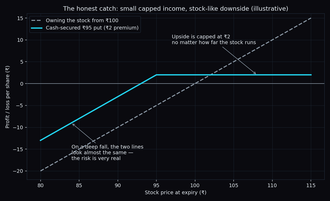 Comparison chart of a cash-secured put versus owning the stock from 100 rupees, showing the put's upside capped at 2 rupees while the downside on a deep fall is nearly identical to owning the stock
