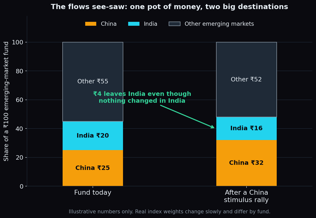 Illustrative stacked bar chart of a 100 rupee emerging-market fund where China's share rises from 25 to 32 and India's share falls from 20 to 16 after a Chinese stimulus rally