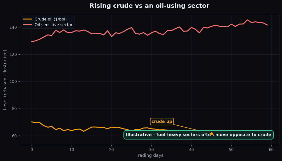 Illustrative line chart showing crude oil rising while an oil-using sector index falls, moving in opposite directions