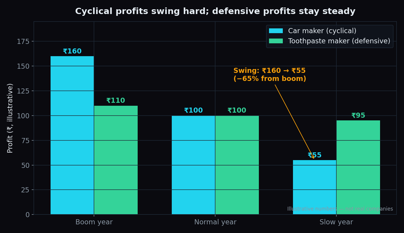 Bar chart comparing a car maker's profit swinging from 160 to 55 across boom and slow years, versus a toothpaste maker's profit staying between 110 and 95