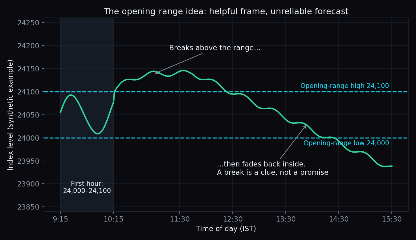 Synthetic example of a 24,000 to 24,100 opening range where price breaks above the range and later fades back inside it