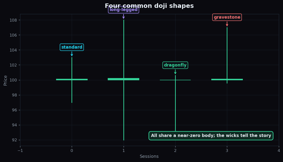 Four doji variants: standard, long-legged, dragonfly and gravestone