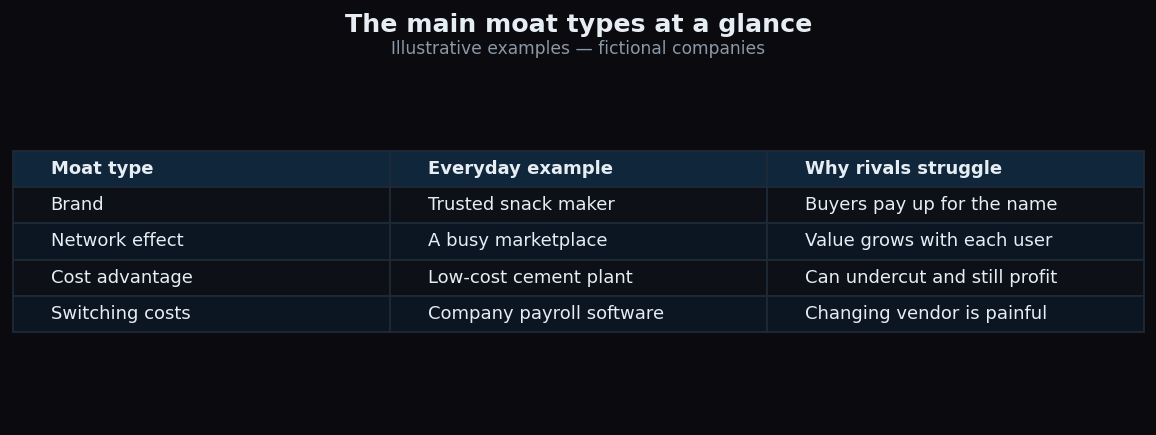 Comparison table of the four moat types with everyday examples and why rivals struggle