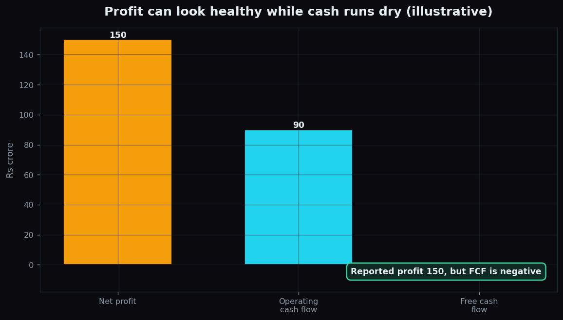 Bar chart comparing net profit of 150 crore, operating cash flow of 90 crore, and negative free cash flow, showing profit can look healthy while cash is weak