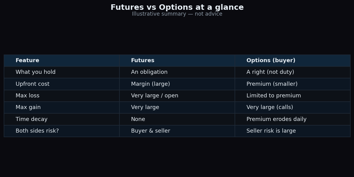 Comparison table contrasting futures and options on cost, maximum loss and obligation