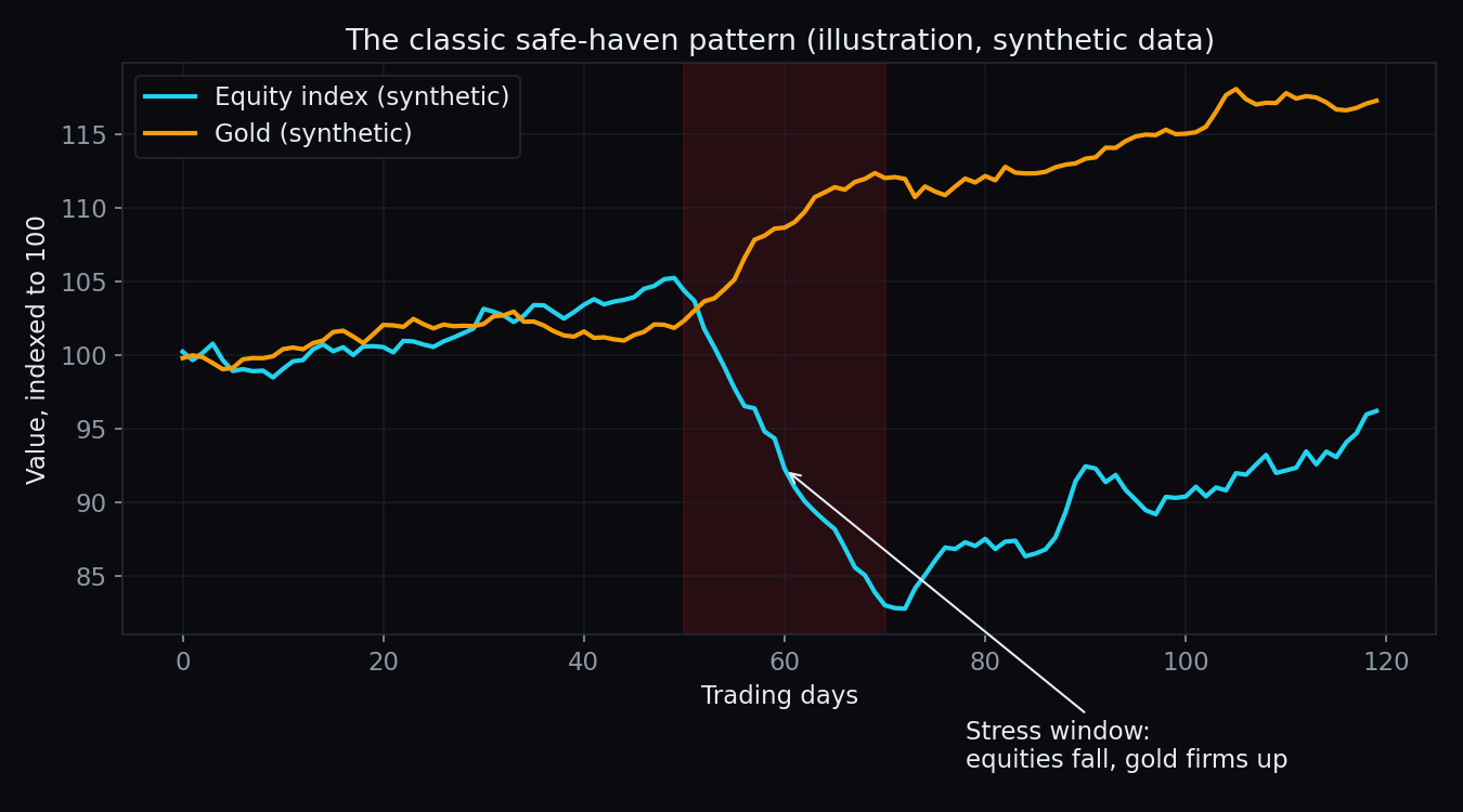 Illustration with synthetic data: an equity index falls in a stress window while gold firms up
