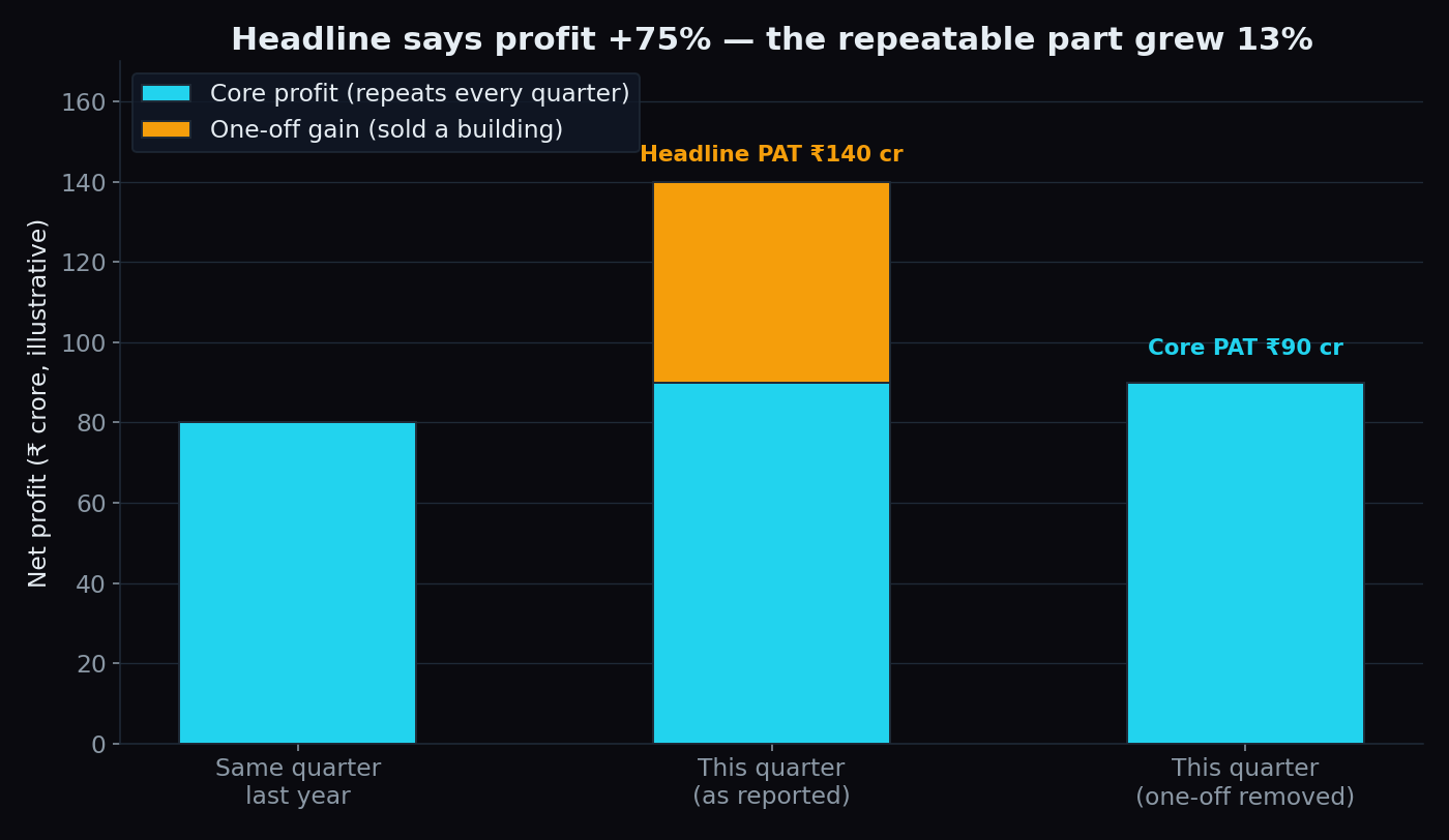 Stacked bar chart showing headline net profit of 140 crore rupees made of 90 crore core profit and a 50 crore one-off gain, versus 80 crore last year, so repeatable profit grew 13 percent not 75 percent