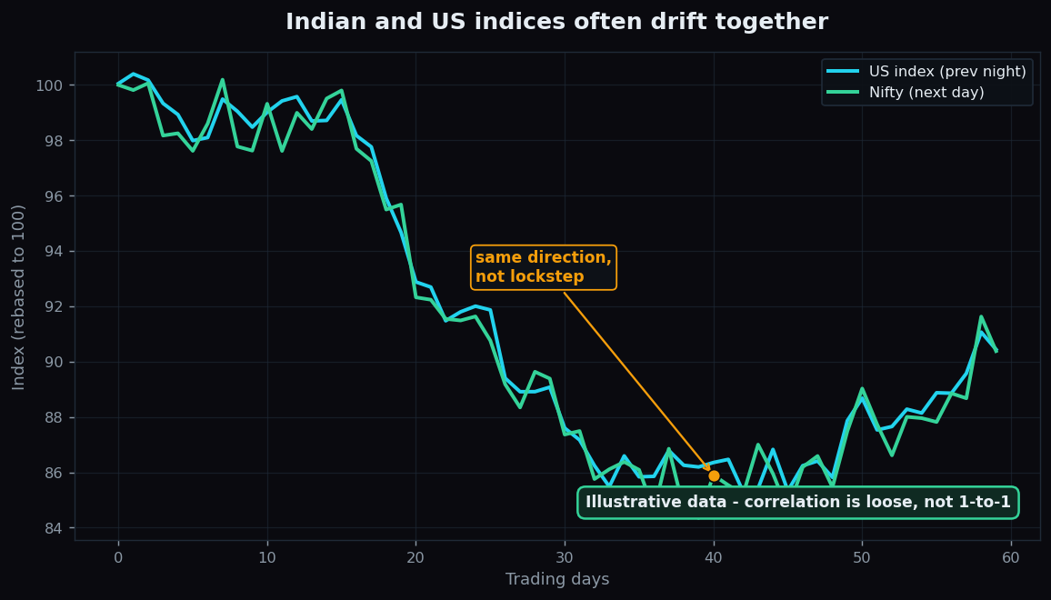 Illustrative line chart showing a US index and the Indian Nifty drifting in the same direction but not in lockstep