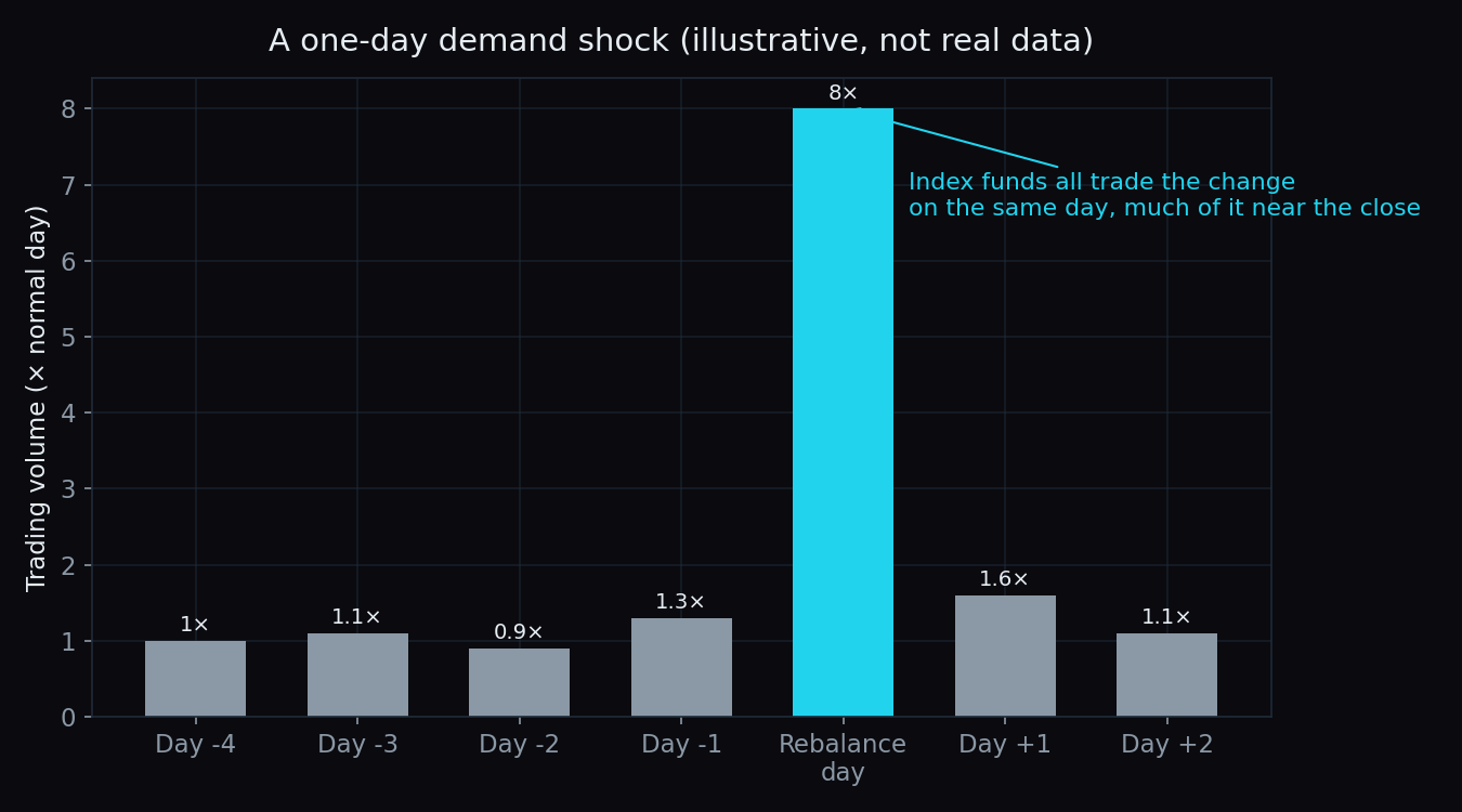 Bar chart with illustrative data showing trading volume near one times normal for several days, spiking to about eight times normal on rebalance day, then returning to normal