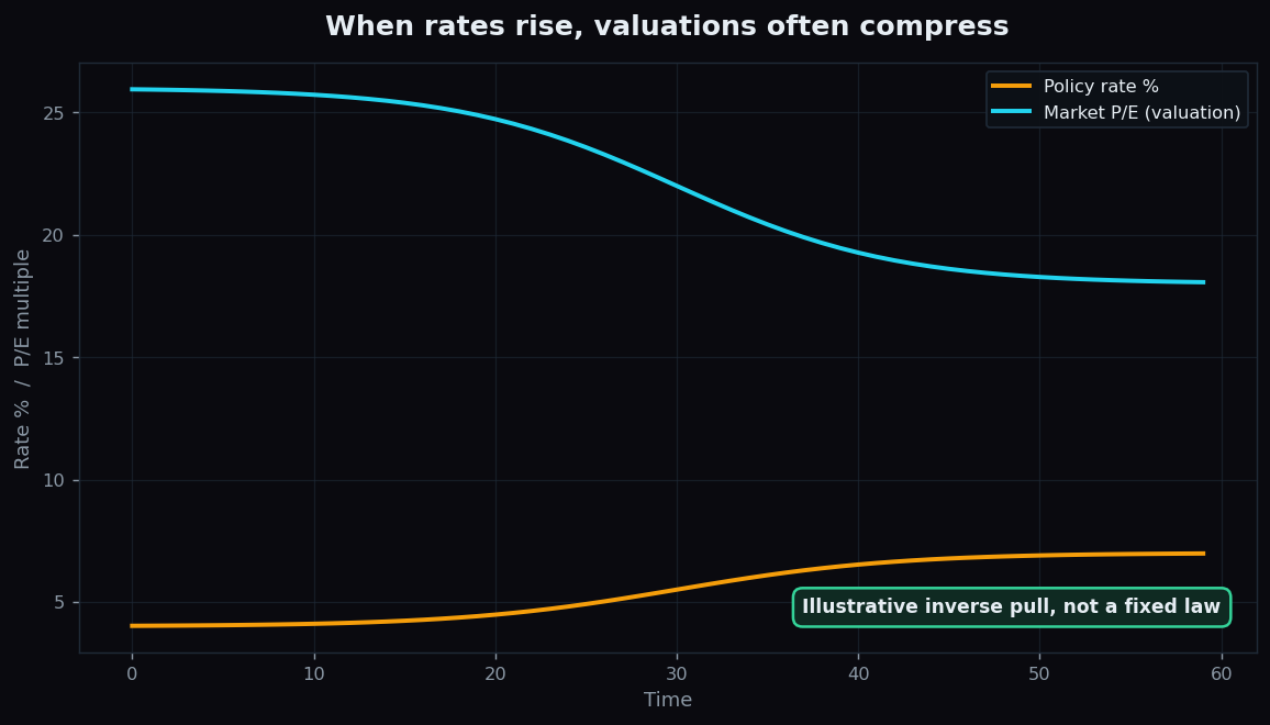 Line chart showing an illustrative inverse relationship where a rising policy rate coincides with a falling market P/E multiple