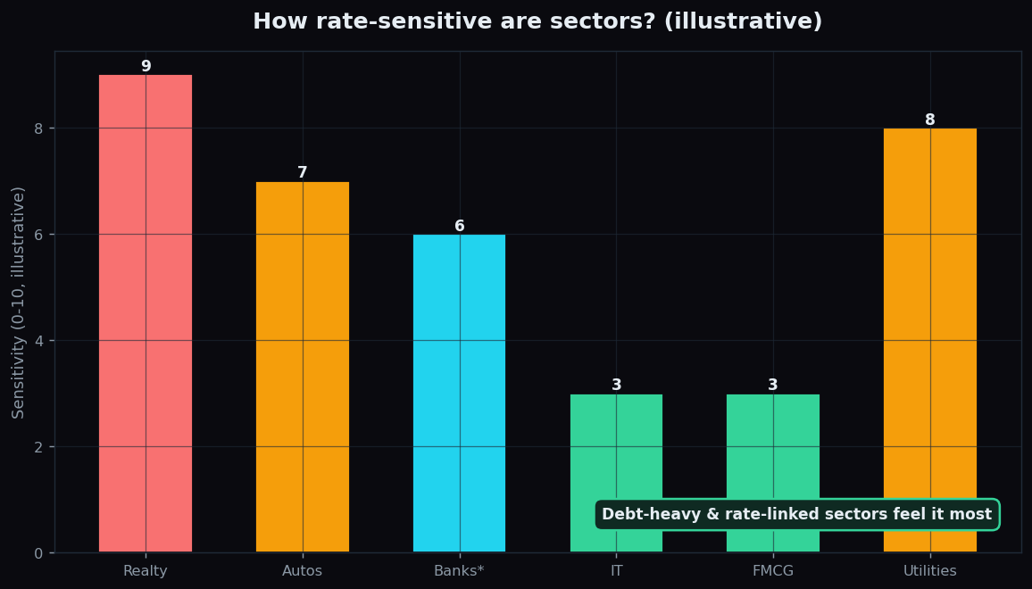 Bar chart of illustrative rate-sensitivity scores across sectors, with realty and autos highest