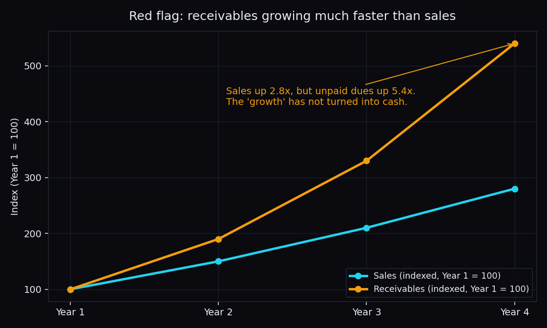 Line chart showing receivables rising 5.4 times while sales rise only 2.8 times over four years, a classic red flag