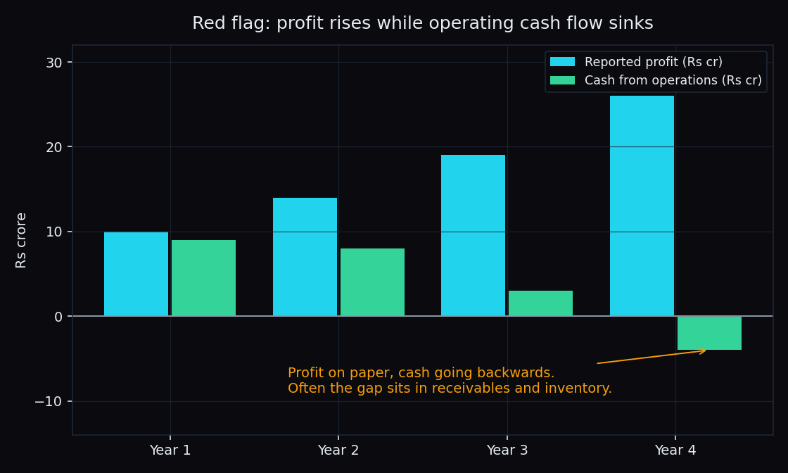 Bar chart showing reported profit rising each year while cash flow from operations falls and turns negative, a divergence red flag
