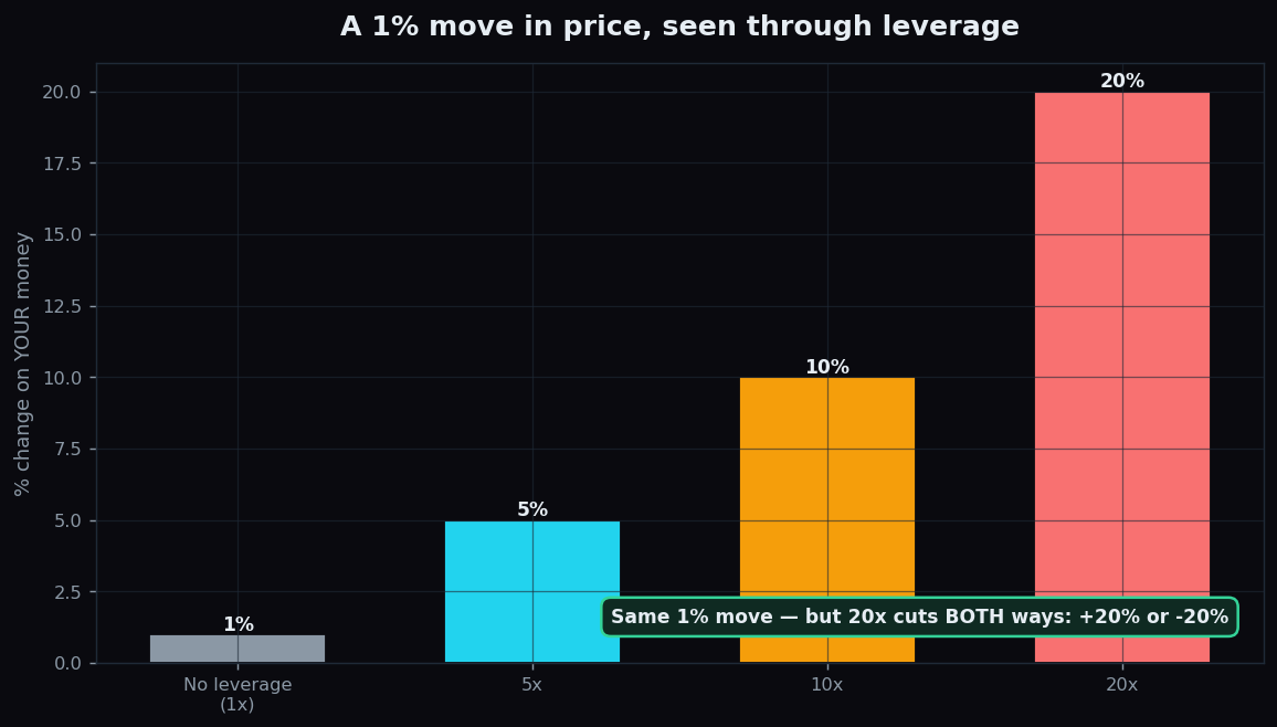Bar chart showing how a 1 percent price move becomes a larger swing on your money as leverage rises