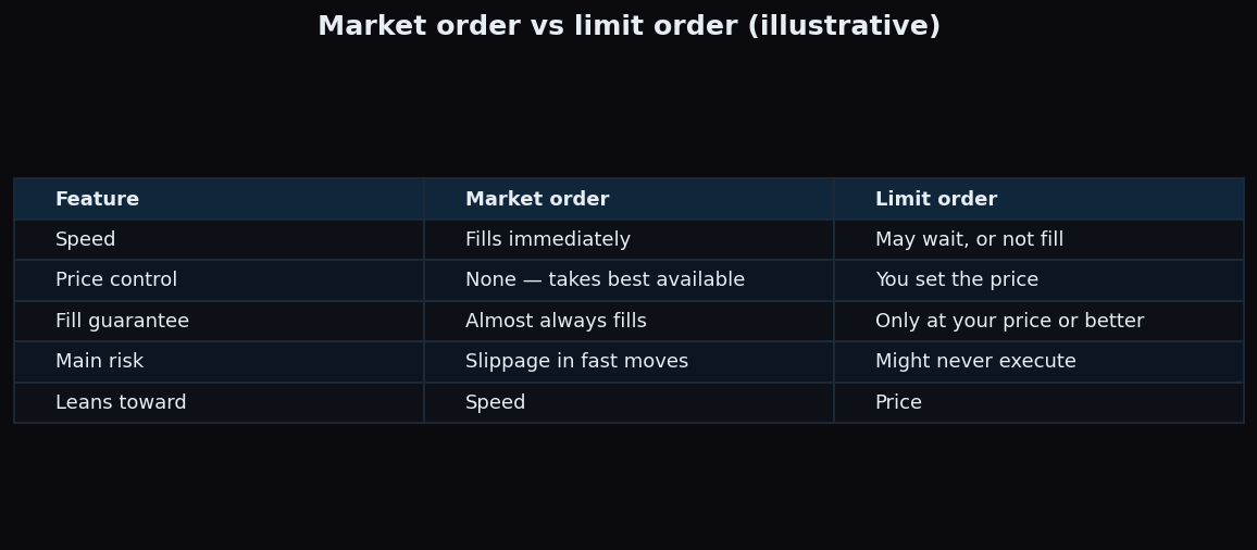 Comparison table of market order versus limit order across speed, price control, fill guarantee and risk