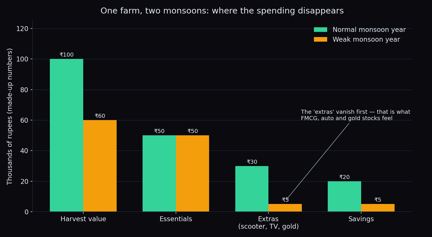 Illustrative grouped bar chart comparing one farm family's harvest value, essentials, extras and savings in a normal monsoon year versus a weak monsoon year, showing extras shrinking the most