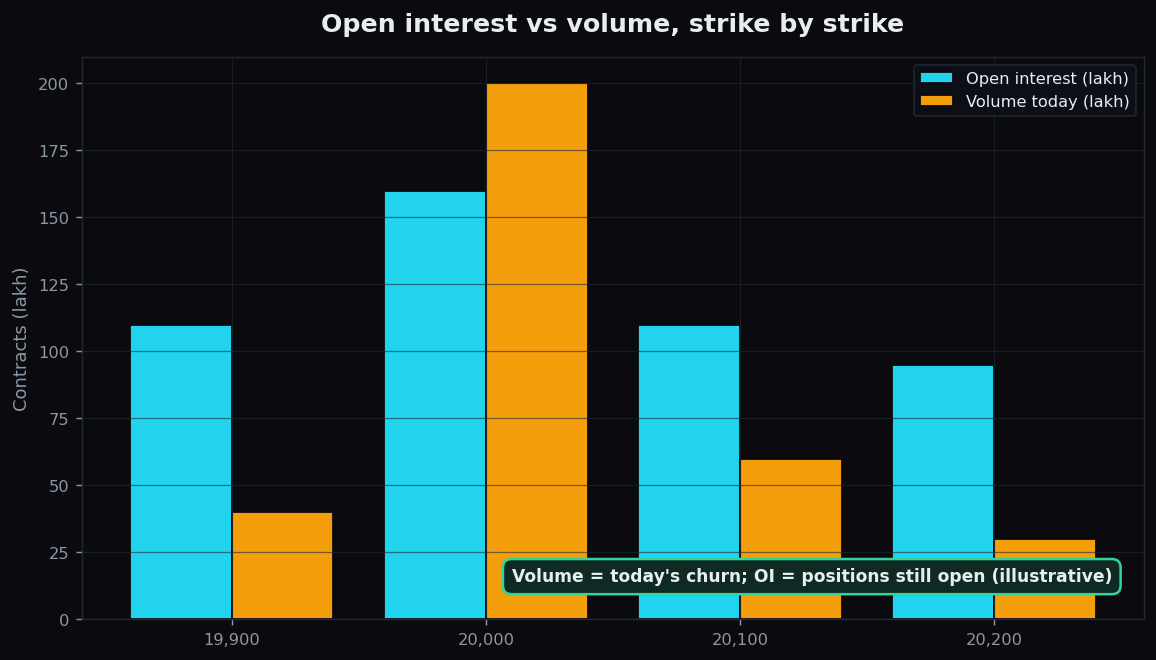 Grouped bar chart comparing illustrative open interest and daily volume across option strikes