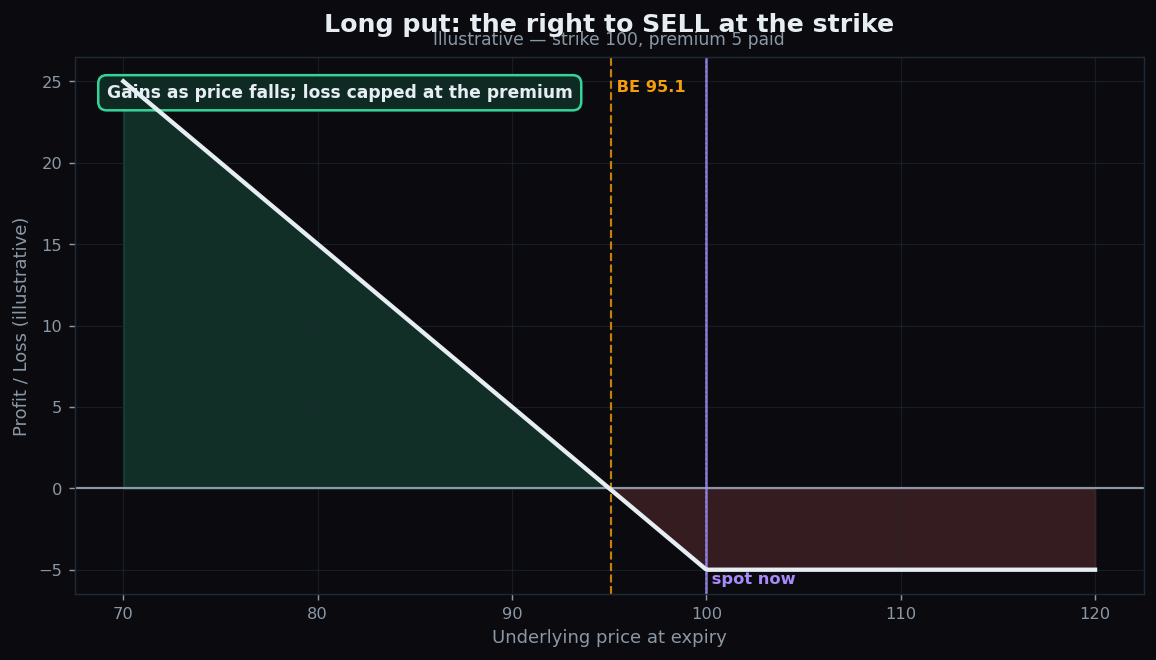 Payoff chart of a long put option with strike 100 and premium 5 showing profit as the price falls and capped loss