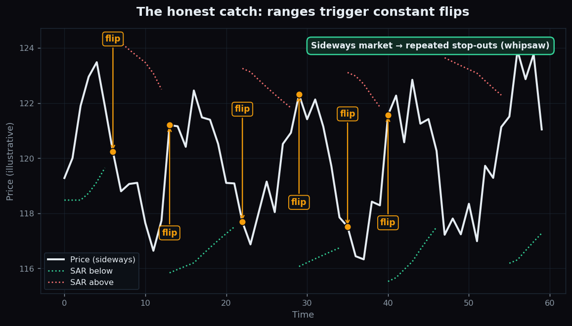 Illustrative chart of a sideways range where the Parabolic SAR dots flip above and below price repeatedly, producing many false stop-and-reverse signals