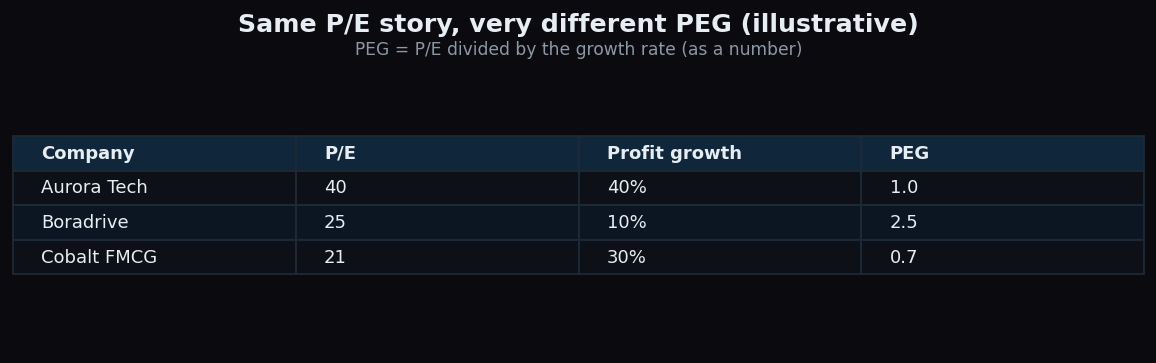 Comparison table showing P/E, profit growth and PEG for Aurora Tech, Boradrive and Cobalt FMCG