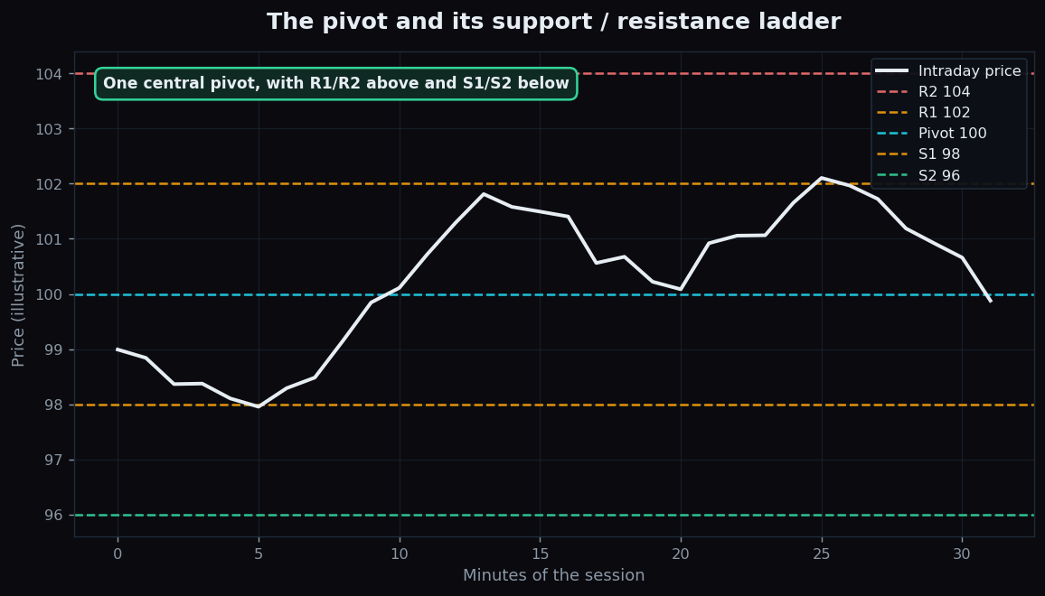 Intraday chart showing a central pivot with R1, R2 resistance and S1, S2 support levels