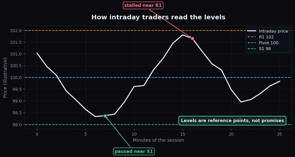 Intraday price pausing near support S1, then rising and stalling near resistance R1