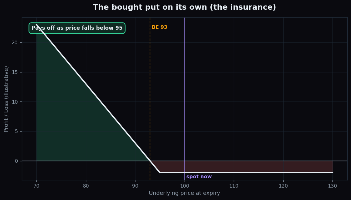Payoff diagram of a bought 95 put by itself, gaining value as the stock falls below 95