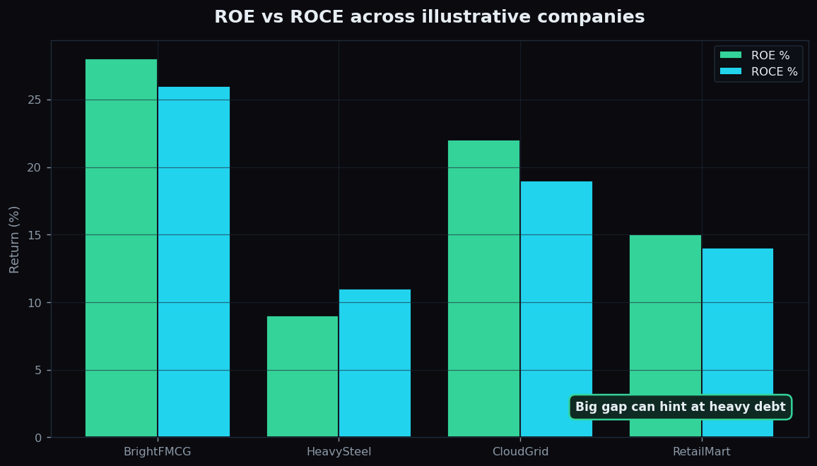 Grouped bar chart comparing ROE and ROCE across illustrative companies