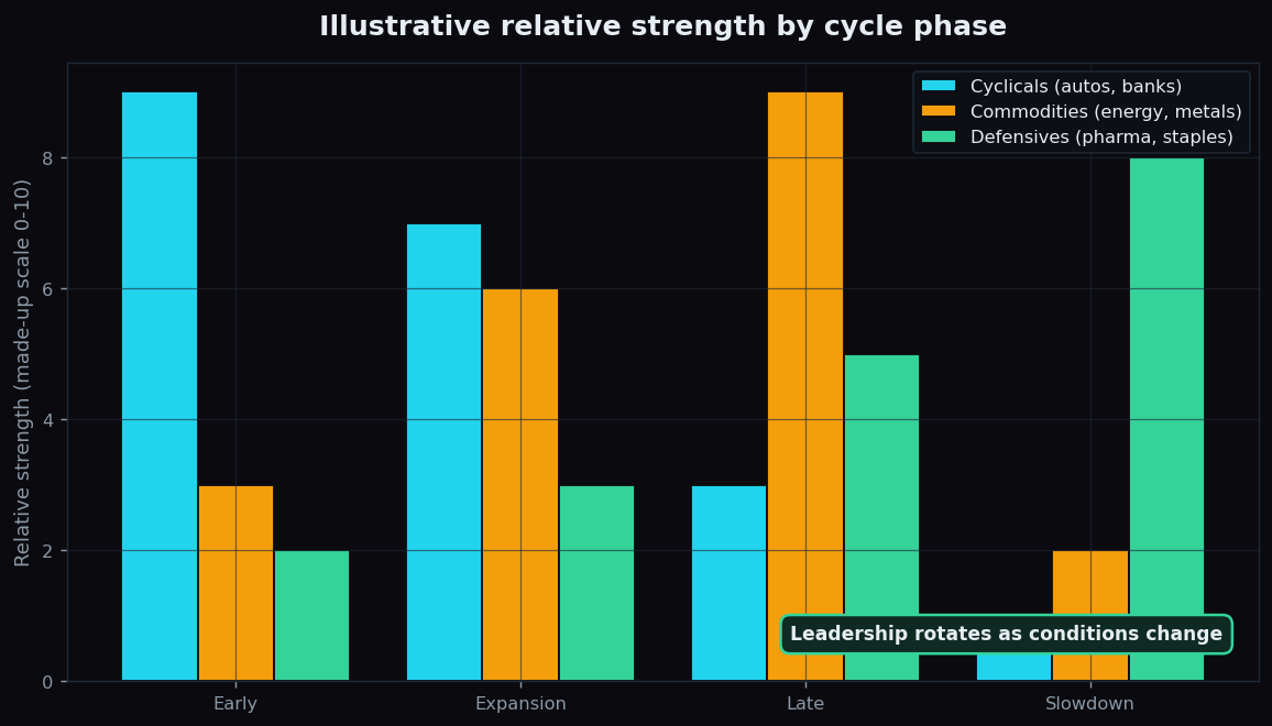 Grouped bar chart showing illustrative relative strength of cyclical, commodity, and defensive sectors across four cycle phases