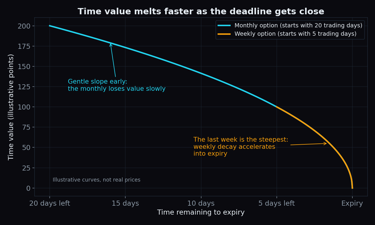 Illustrative chart comparing how time value decays for a weekly and a monthly option, with the steepest fall in the final week before expiry
