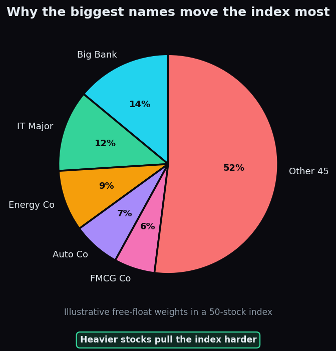 Pie chart of illustrative free-float weights in a 50-stock index, with a big bank and IT major taking the largest slices and 45 smaller companies sharing the rest