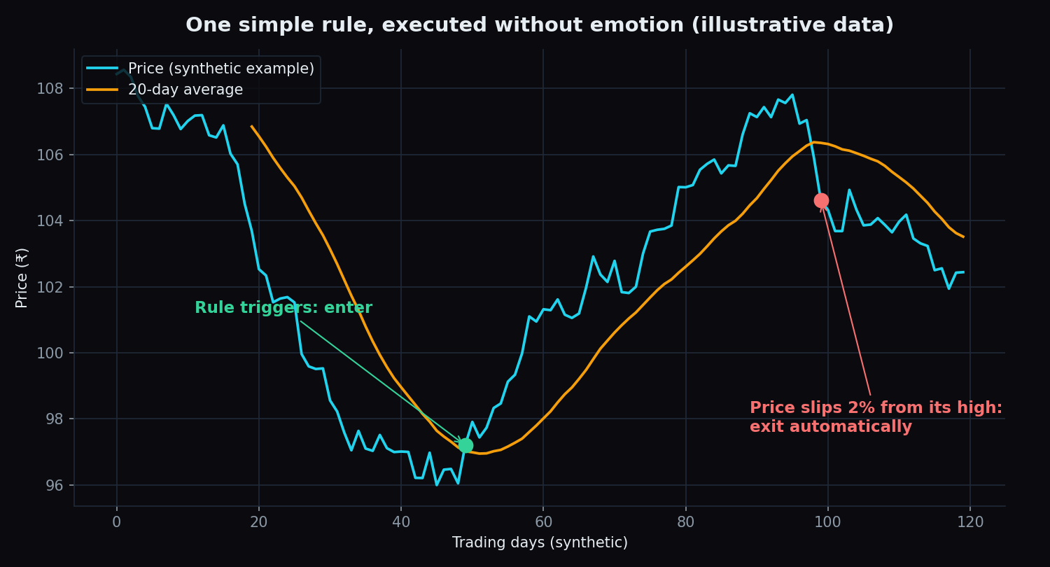 Illustrative price chart showing a rule that enters when price crosses above the 20-day average and exits automatically after a 2% slip from the high