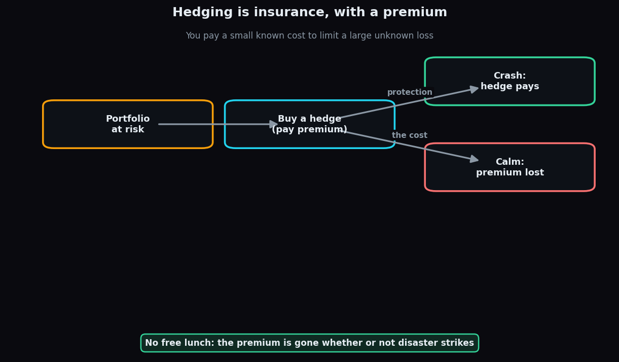 Flow diagram showing a portfolio at risk, buying a hedge for a premium, and the two outcomes: a crash where the hedge pays or calm where the premium is lost