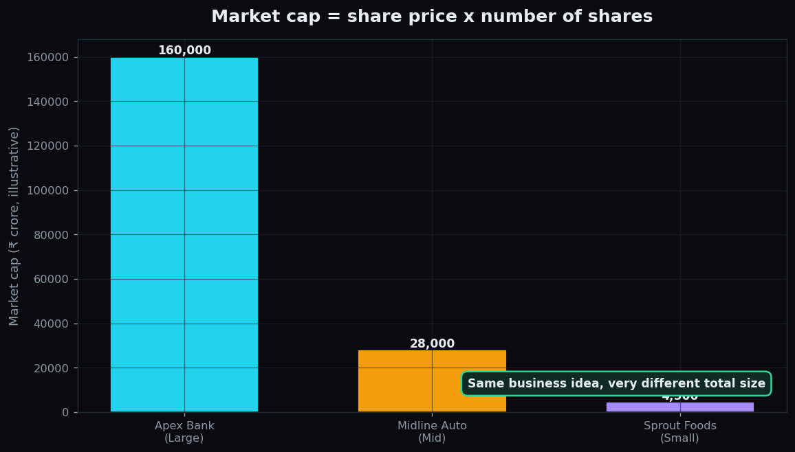 Bar chart comparing illustrative market caps of a large-cap, mid-cap and small-cap company