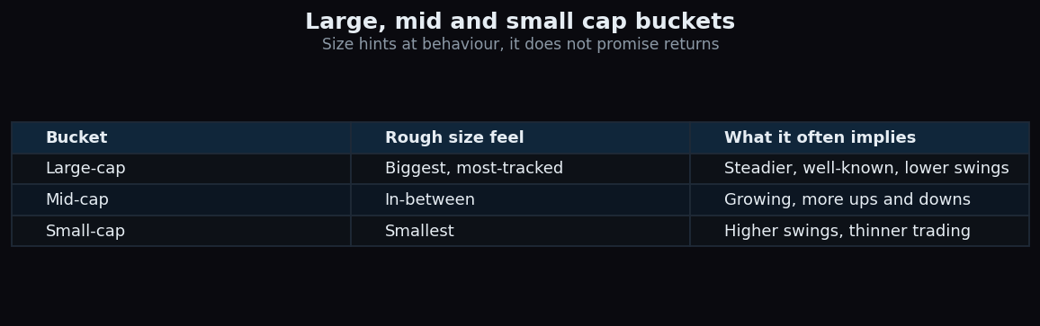 Comparison table of large-cap, mid-cap and small-cap buckets, describing their rough size feel and what each size often implies about behaviour