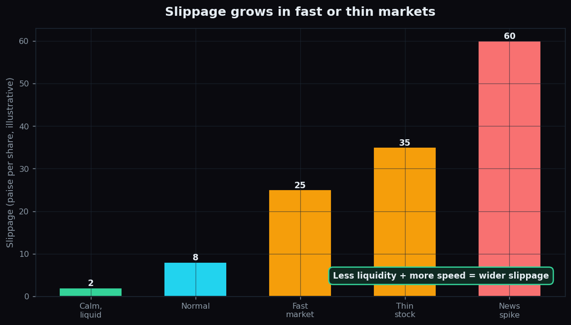 Bar chart showing slippage rising from calm liquid markets through normal, fast, thin, and news-spike conditions